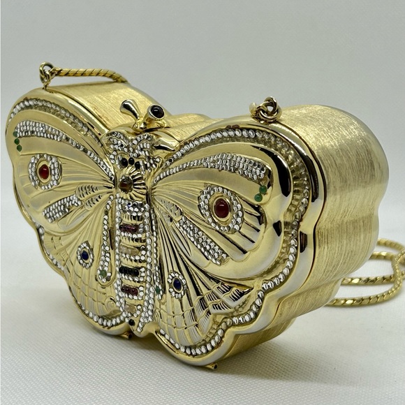Judith Leiber RARE Butterfly Minaudiere Bag Cabachon & Swarovski Brushed Gold - Picture 3 of 12